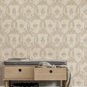 Damask Wallpaper Fine Décor Textured Heavyweight Vinyl Cream Gold Glitter