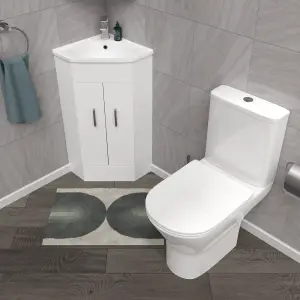 Nes Home White Corner Vanity Unit with Ceramic Basin & Round Rimless Toilet Set