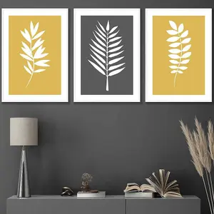 Set of 3 Yellow Grey Graphical Leaves Wall Art Prints / 42x59cm (A2) / White Frame