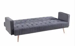 Windsor Luxury Fabric Sofa Bed Grey Velvet with Metal Rose Gold Legs Clic Clac Sofabed Tufted Button Backrest Seat Track Armrests