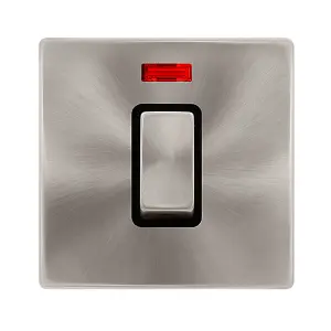 Brushed Steel Screwless Plate 1 Gang Ingot Size 45A Switch With Neon - Black Trim - SE Home