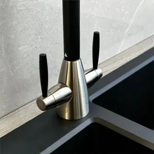 Liquida LB01BL Swan Neck Twin Lever Brushed Steel and Black Kitchen Tap