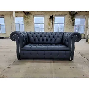 Chesterfield 2 Seater Buttoned Seat Silver Stud Sofa Black Real Leather In Classic Style