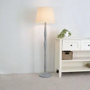 ValueLights Victoria Traditional Grey Wood Candlestick Floor Lamp with Beige Tapered Shade