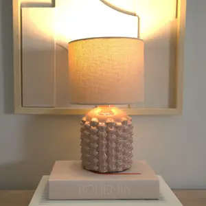 ValueLights Asha Pair - Ceramic Pink Geometric Textured Base Table Lamp with Drum Shade - LED Bulbs Included