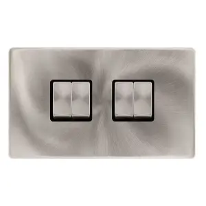 Brushed Steel Screwless Plate 10A 4 Gang 2 Way Ingot Light Switch - Black Trim - SE Home