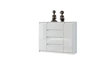 Chest Of Drawers Cabinet Cupboard Bedroom - White Gloss 4 Drawers 2 Doors