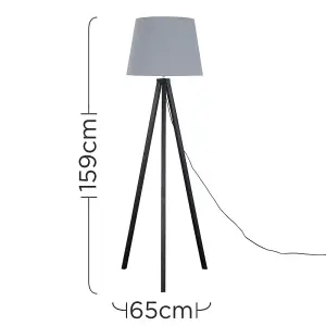 ValueLights Barbro Modern Black Wood Tripod Design Floor Lamp with Grey Tapered Shade - Includes 6w LED GLS Bulb 3000K Warm White