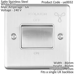 6A Extractor Fan Isolator Switch SATIN STEEL & White Trim 3 Pole Shower