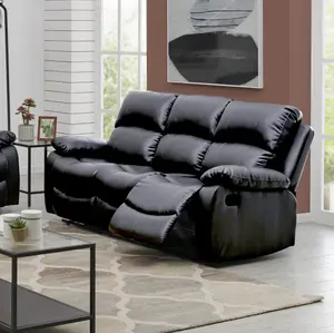 Black Bonded Leather Manual Recliner 3 Seater Sofa