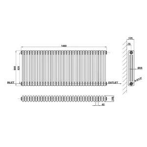 Horizontal Anthracite Triple Column Radiator (H) 600mm x (W) 1460mm, 9500 BTU.