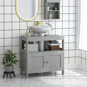 kleankin Bathroom Pedestal Under Sink Cabinet with Storage Shelves, Door, Grey