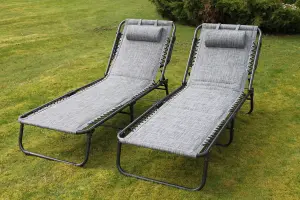 SET OF 2 Luxury Padded Lay Flat Garden Sun Loungers in Grey Weatherproof Textoline