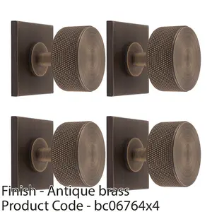 4 PACK - Knurled Radio Cabinet Door Knob & Matching Backplate - Antique Brass 40 x 40mm