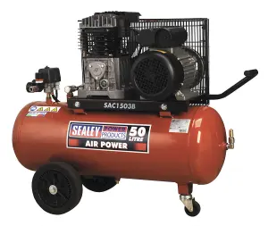 Sealey Air Compressor 50L Belt Drive 3hp with Cast Cylinders & Wheels SAC1503B