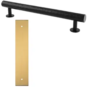 Pull Handle & Contrasting Backplate Set - Hammered Round T Bar - Matt Black & Satin Brass