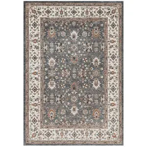 Beige Bordered Floral Rug For Bedroom, & Living Room, 7mm Thick Stain-Resistant Traditional Rug - 60cm X 180cm