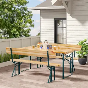 3Pcs Contemporary Outdoor Folding Metal Wood Garden Patio Bistro Table and Bench Set