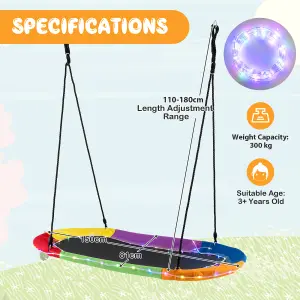 COSTWAY 150 cm Saucer Swing w/ LED Lights 300 kg Platform Tree Swing w/ Adjustable Ropes