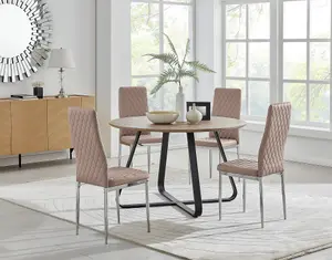 Furniturebox UK Santorini Brown Wood Contemporary Round Round Dining Table And 4 Cappuccino Beige Milan Chairs Set