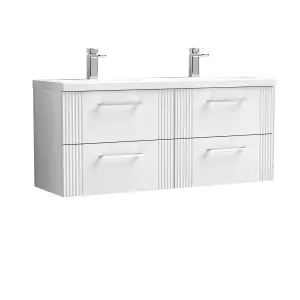 Retro 4 Drawer Wall Hung Vanity Unit with Double Ceramic Basin - 1200mm - Satin White - Balterley