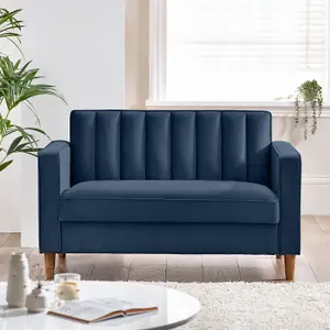 Furniturebox UK Velvet Sofa - 'Kit' 2 Seater Upholstered Navy Blue Fabric Sofa - Vertical Stitching - Modern Living Room Furniture