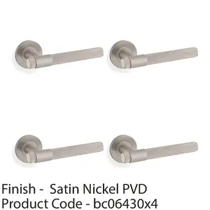 4 PACK - SOLID BRASS Knurled Door Handle Set - Satin Nickel Bar Lever on Round Rose