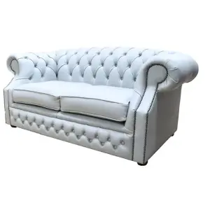 Chesterfield 2 Seater Sofa Moon Mist Grey Leather In Buckingham Style