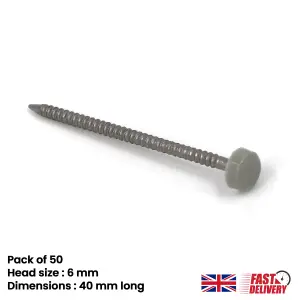 50pcs UPVC Panel Pins 40mm Poly Top Pins Nails Plastic Headed Fascia Fixings Roofing Nails Grey