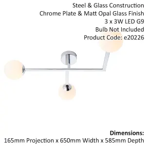 Polished Chrome Semi Flush Bathroom Ceiling Light & Opal Glass Shade - 3 Bulb