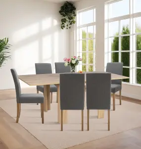 Hallowood Furniture Newquay Oak Flip Top Extending Table with 6 Upholstered Chairs in Grey Fabric