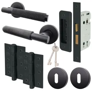 AFIT Matt Black Key Lock Knurled Door Handle Set Round Sash Lock (64mm), Hinges (76mm) & 2 Escutcheons - Dixon Range