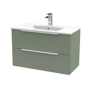 Fluted 805mm Wall Hung Single Vanity Unit Satin Green