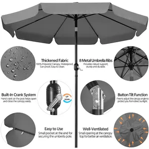 Yaheetech 2.675m Grey Patio Parasol Umbrella w/ Push Button Tilt and Crank