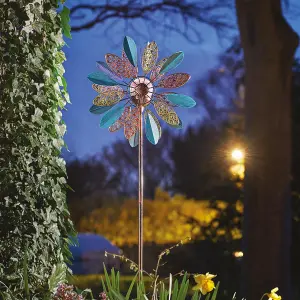 Daisy Wind Spinner with Solar Powered Crackle Glass Globe - Outdoor Decoration with Multicoloured LED Lights - H130 x 38 x D17cm