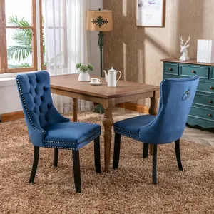 Set of 4 Lux Blue Velvet Kitchen Dining Chairs with Pull Knocker Wing Back Home Office Bedroom Chairs