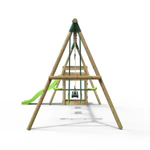 Rebo Wooden Swing Set plus Deck & Slide - Neptune Green