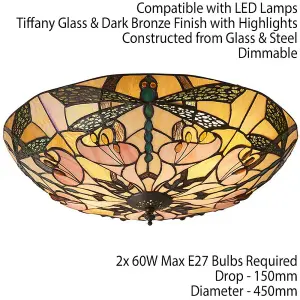 Tiffany Glass Semi Flush Ceiling Light Dragonfly Round Inverted Shade i00032