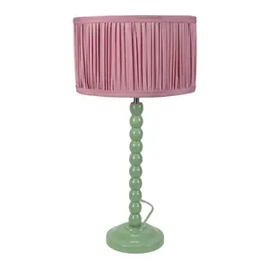 ValueLights Bobbins Sage Green Table Lamp with Ruched Pleated Blush Pink Drum Lamp Shade and LED Bulb