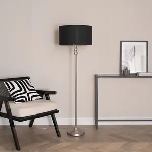 ValueLights Maggie Chrome Candlestick Floor Lamp with Black with Chrome Inner Lamp Shade and LED Bulb