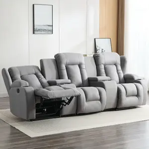 Caesar 3 Seater Grey Technology Fabric Modern Manual Recliner Sofa W Drinks Console