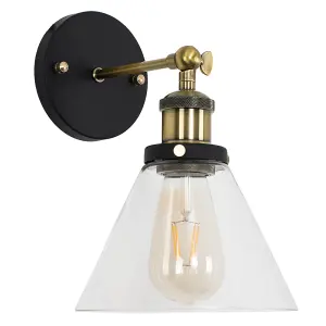 ValueLights Norton Industrial Black and Gold Wall Light Fitting with Clear Glass Light Shade