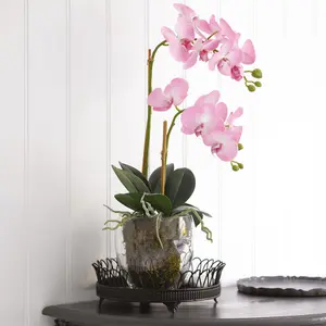 Bloom Artificial Pink Double Phalaenopsis Plant in Vase - Faux Fake Orchid Houseplant Floral Home Decoration - H60cm x W30cm