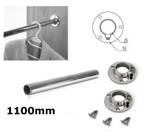 Wardrobe Round Rail Chrome Hanging Rail Free End Supports & Screws - Length 1100mm