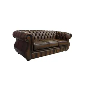 Chesterfield 3 Seater Antique Brown Real Leather Sofa Bespoke In Kimberley Style