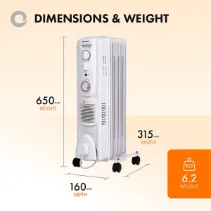 Devola Oil Filled Radiator 1500W 5 Fin White Electric Portable Fan Heater Timer