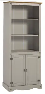 Mercers Furniture Corona Grey Wax 2 Door Bookcase 3 Shelf Display Cabinet Solid Pine with Mexican Styling