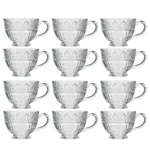 Set of 12 Vintage Style Embossed Footed Coffee Mug Clear Tea Cups