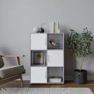 URBNLIVING 91cm Height 6 Cube Bookcase Grey Wood White Door Metal Handle Display Storage Shelf