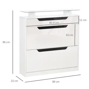 HOMCOM Shoe Cabinet w/ 3 Drawers, High Gloss Front Panels w/ Glass Top White